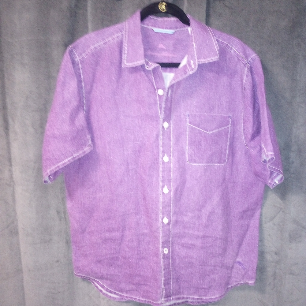 Tommy Bahama Purple Shorts Sleeve Button Up Shirt Size Medium EUC P2P 23 In